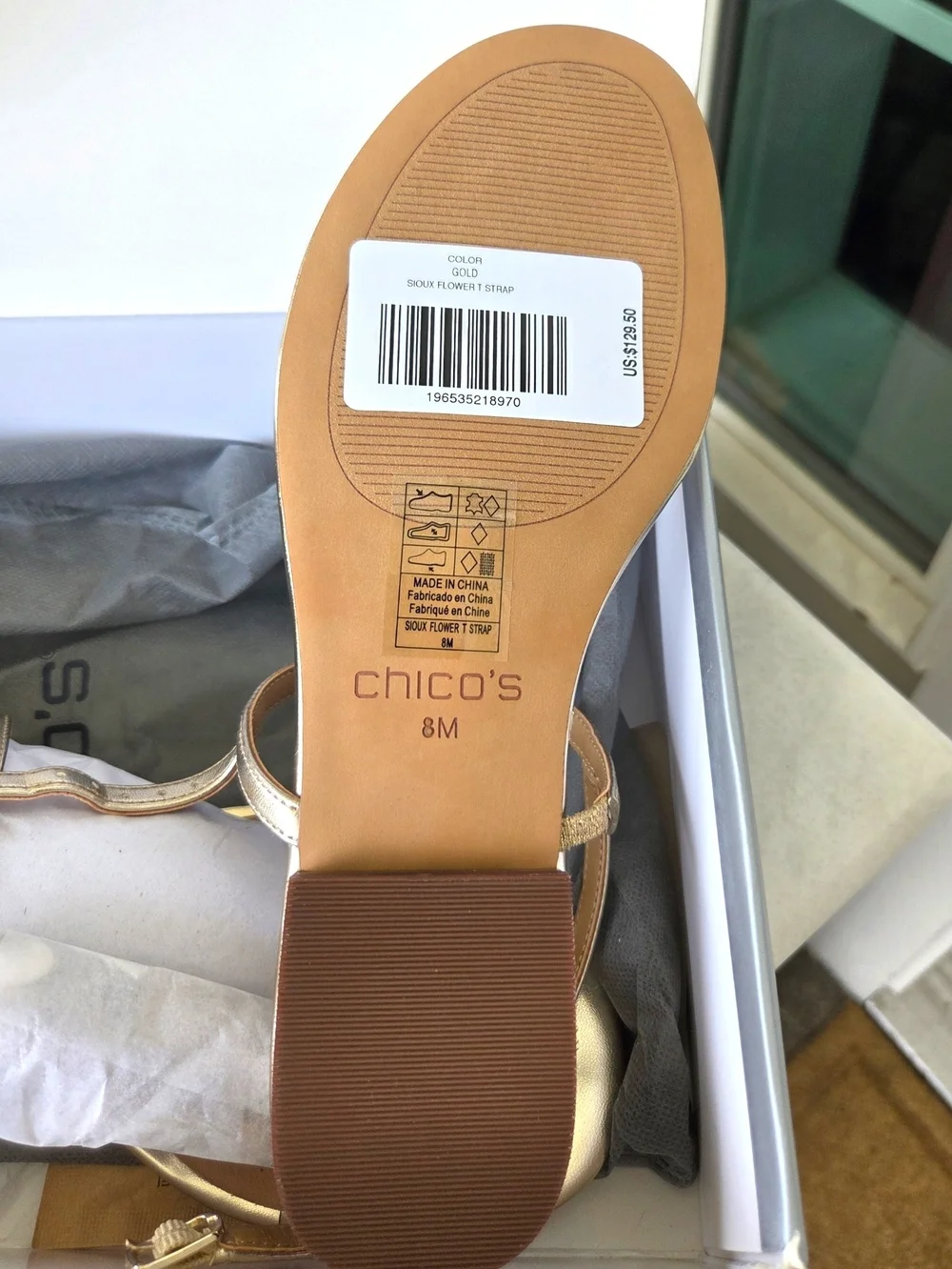 NIB Chicos Sioux Flower T Strap Metallic Gold Sandals Size 8 M MSRP $130